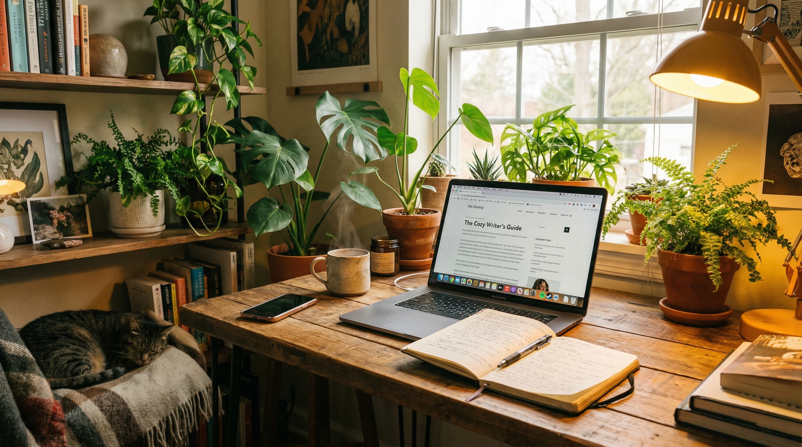 an inviting desk setup with a laptop, plant, notebook, and mug