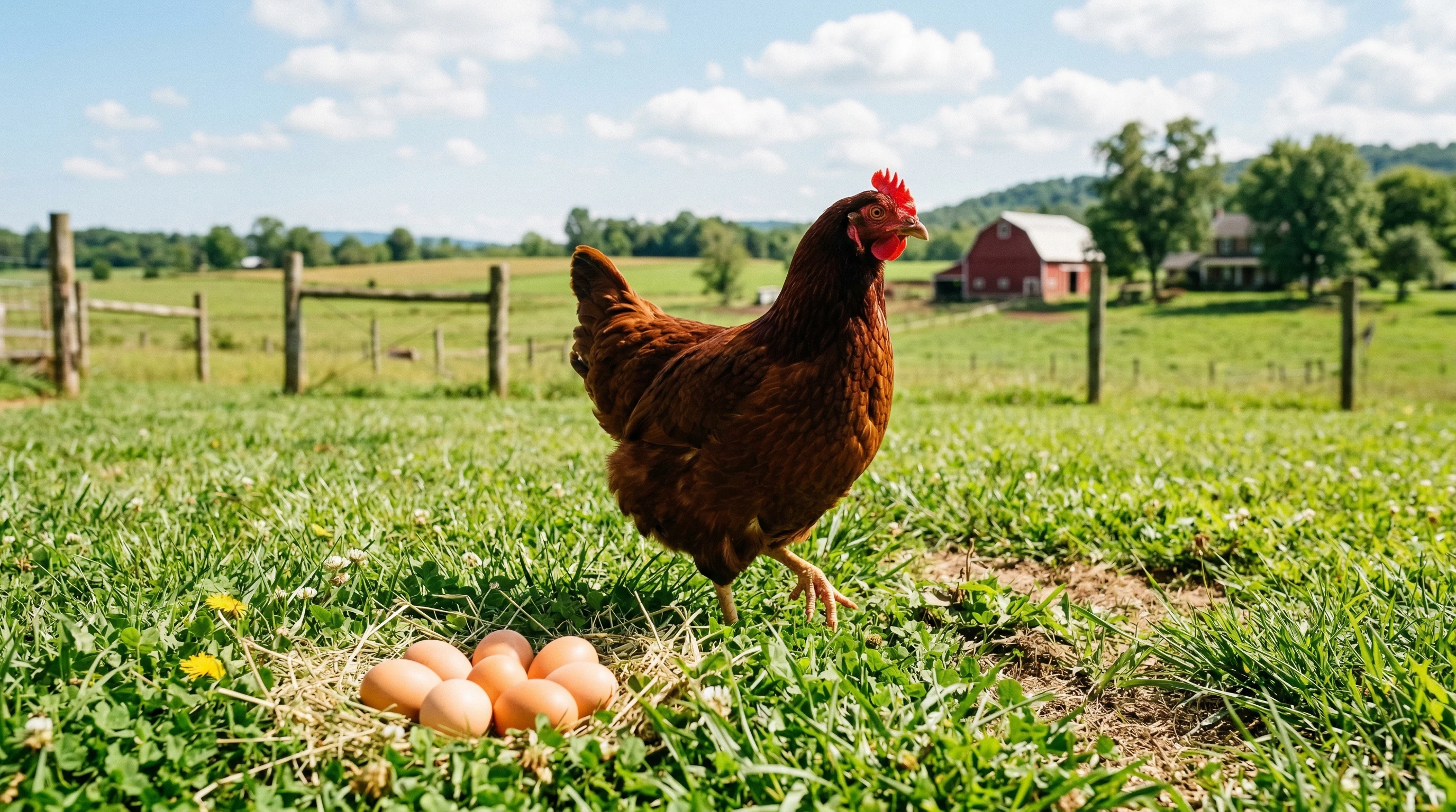 A production red chicken on a green grassy patch, with several brown eggs in the foreground.