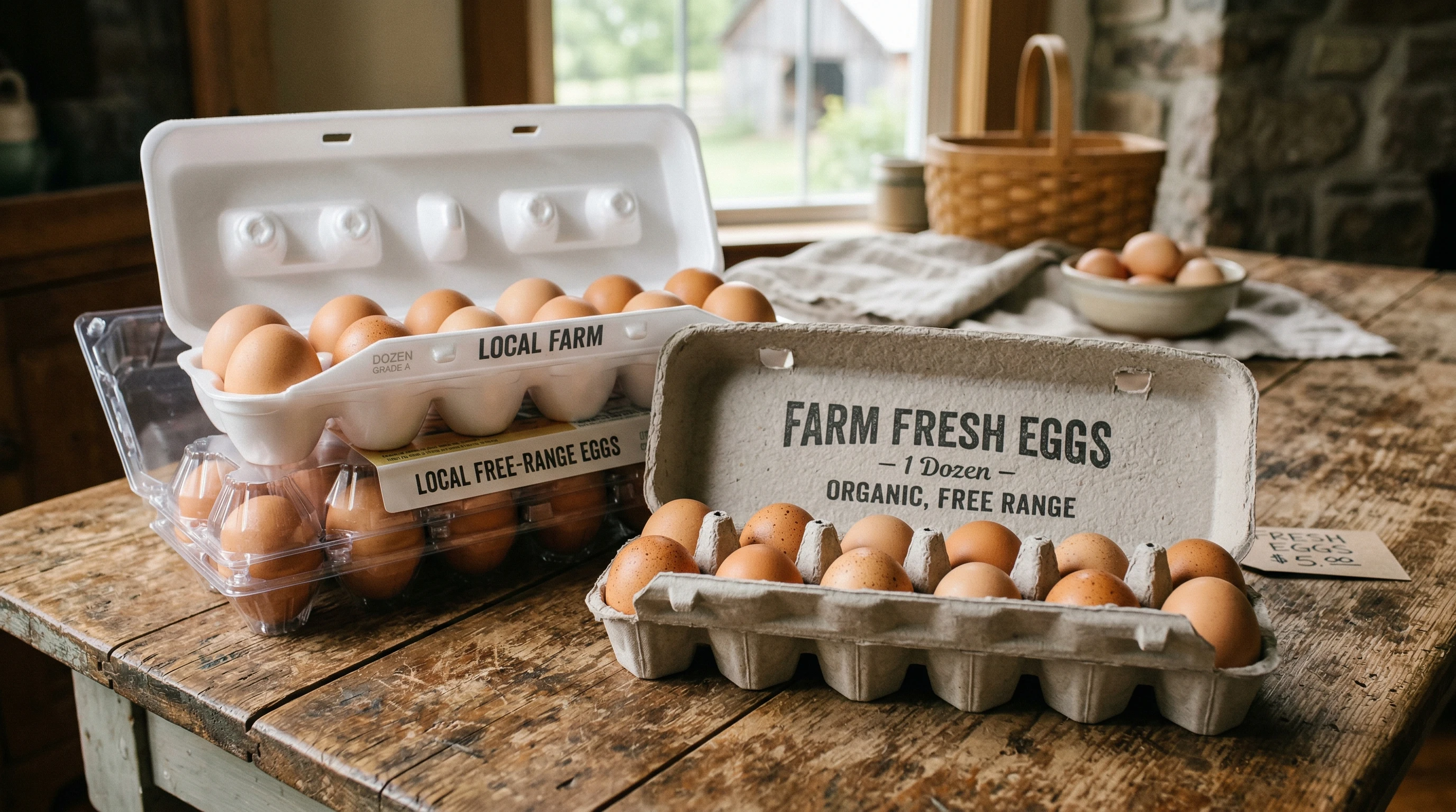 Different types of egg cartons – paper, plastic, and foam – stacked and open on a rustic table with farm eggs inside