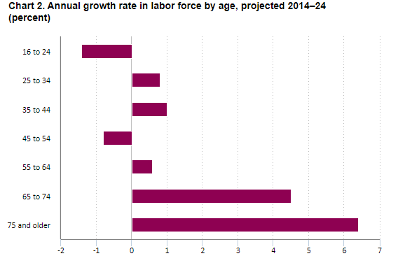 Annual Growth Rate in Labor Force by Age 2014-2024