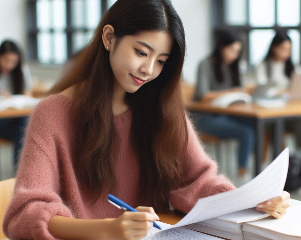 A college student working at proofreading a manuscript while in college.