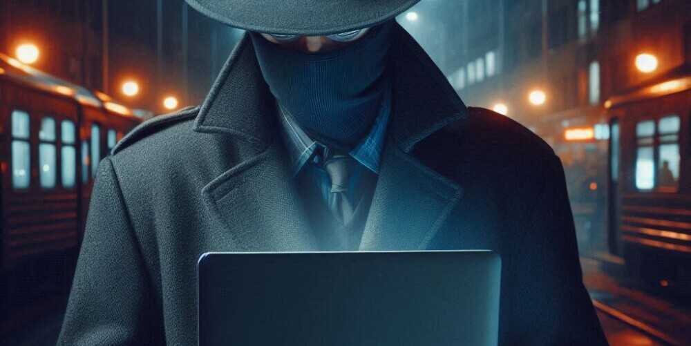 An undercover agent wearing a fedora pulled down enough to shade his eyes carrying a laptop through dark streets at night