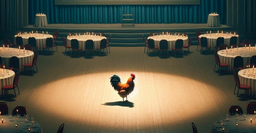 A chicken alone in the middle of an empty dance floor - Chickenmethod.com