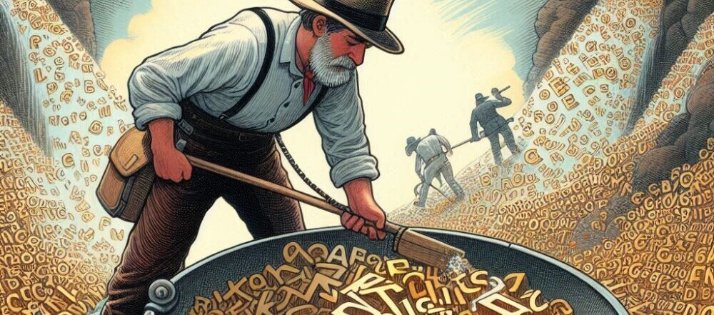 A miner panning for riches but instead of ore the riches are keywords represented by letters of the American alphabet. He is standing in a stream of letters and in his pan some letters are swirling out of the sides.