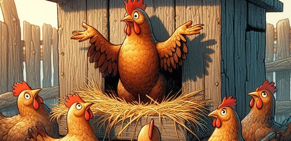 An illustration of several hens standing around an empty nesting box, shrugging their shoulders because there are no eggs in them.
