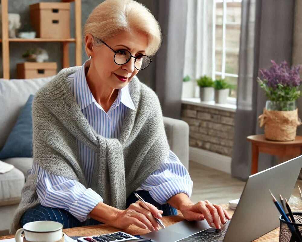 A photo of a retired person working as a virtual assistant handling administrative tasks remotely from the comfort of their home.