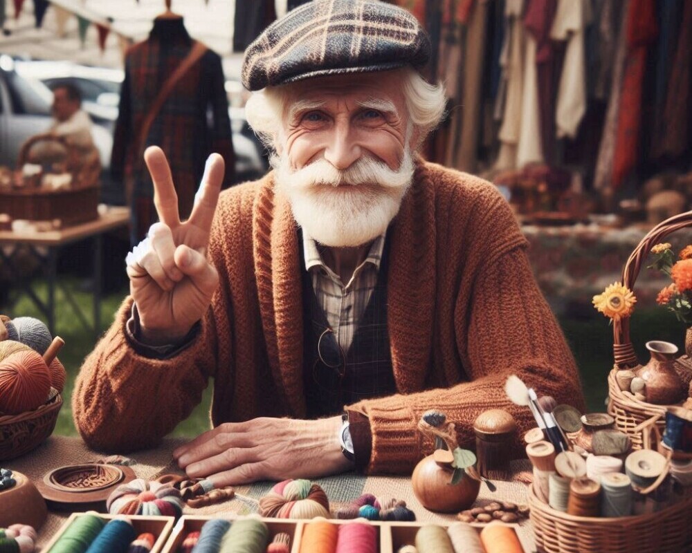 A photo of a retired person selling arts and crafts at a local farmer's market.