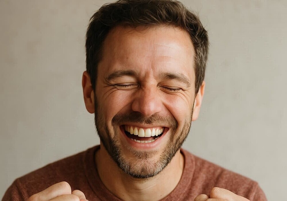 A very happy man smiling at receiving some relieving news