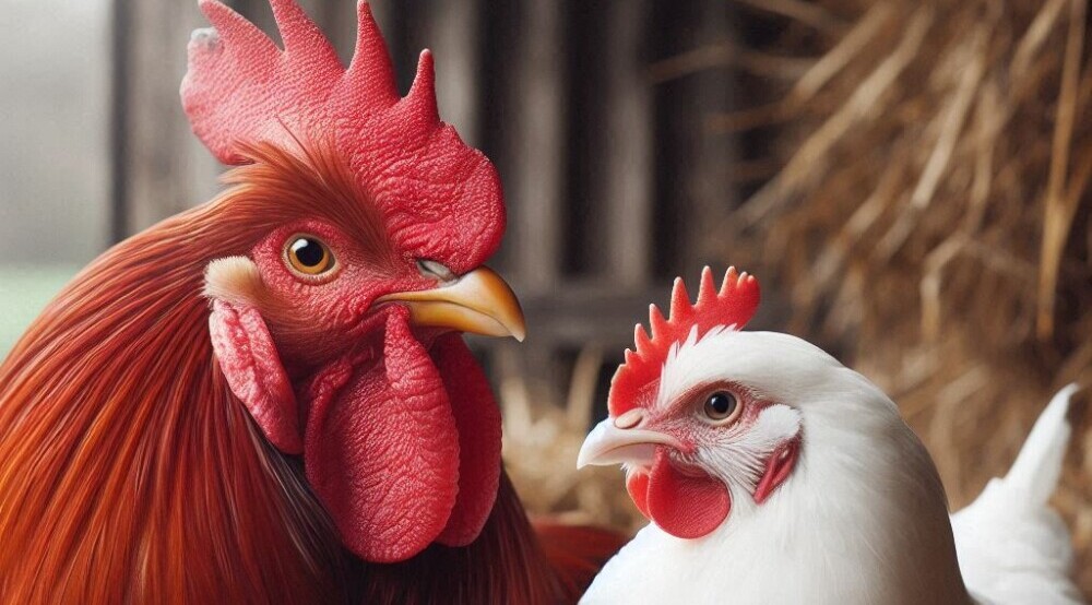 A red rooster and a white hen in a nest.