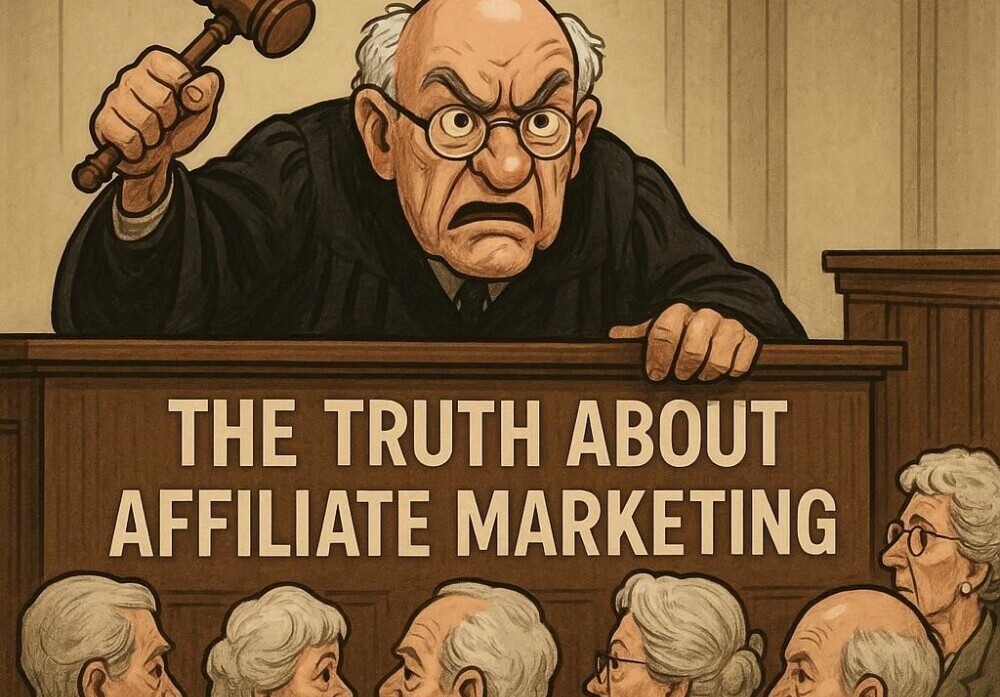 A curmudgeonly judge with his gavel raised high and a scowl on his face addressing a jury of seniors. Written across his bench is the phrase, 