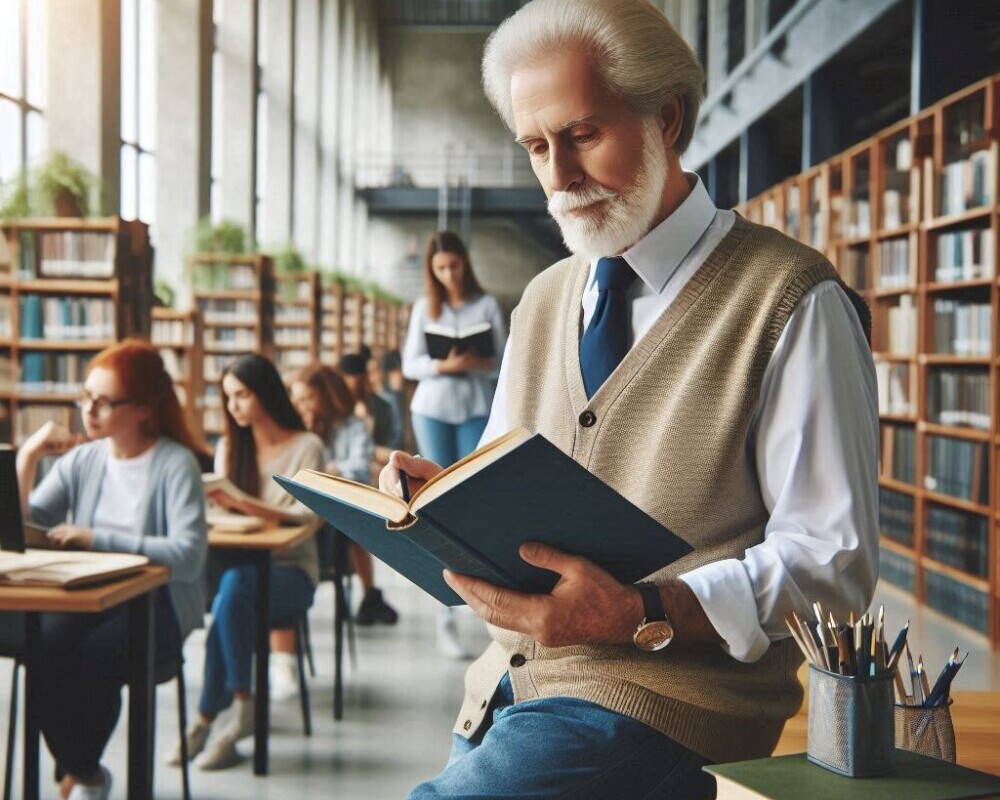 A photo of a retired person working as a library assistant in a serene library with several people in it.