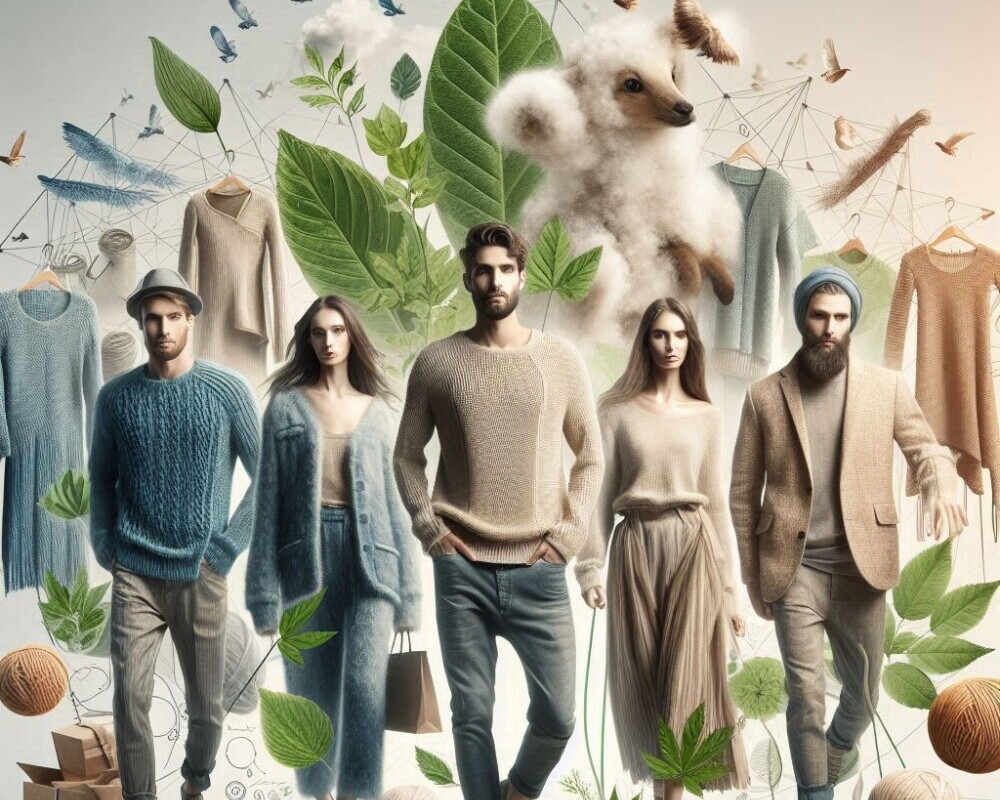 Sustainable, eco-friendly fashion technology depicted by models wearing clothes made from plants and wool.