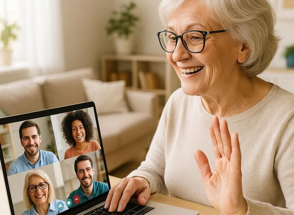Senior woman on a laptop video call with friendly faces on screen, bright and positive mood, concept of online community support.