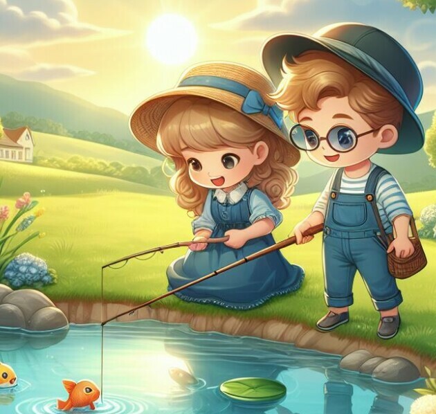 A young boy and girl catching a fish from a pretty pond on a clear day.