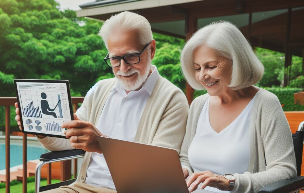 A Retired Couple Working on their Deck on Their Laptops 