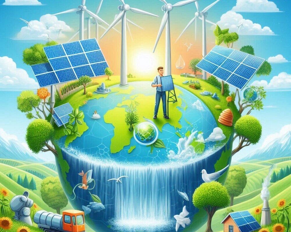 Eco-friendly solar, wind, and hydroelectric energy working together to make a better planet.