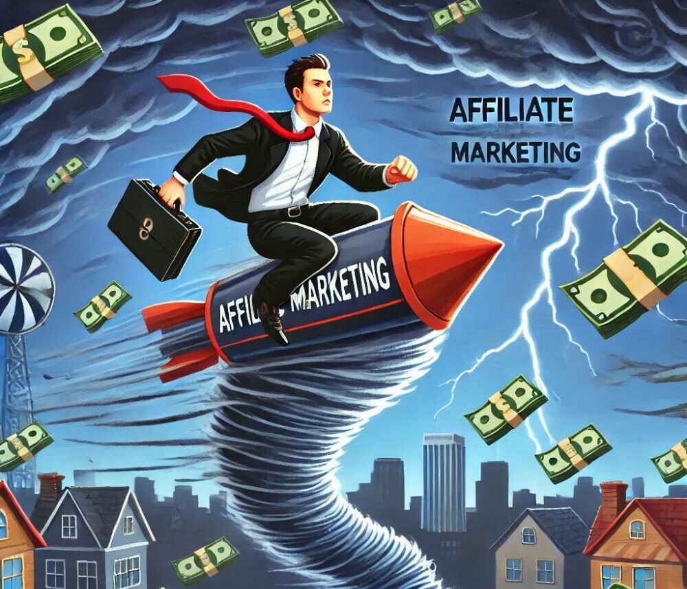 Affiliate marketing is taking the world by storm depicted by an affiliate marketer riding a tornado