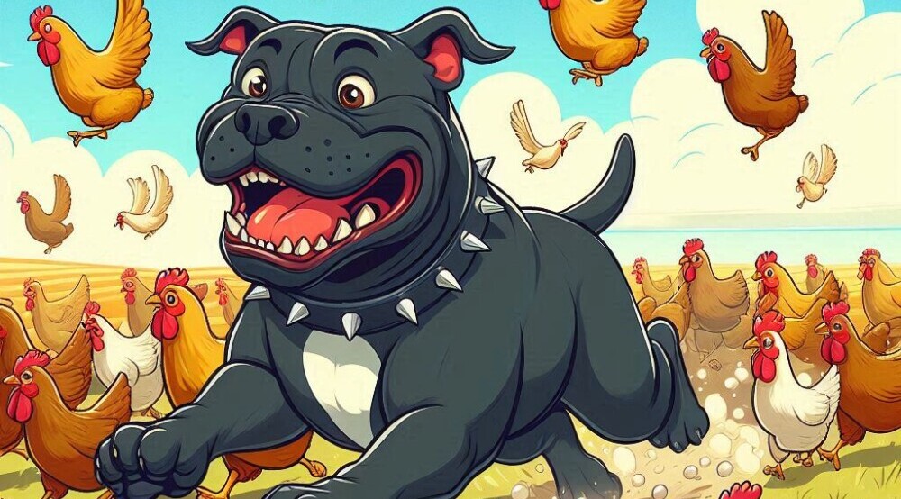 An illustration of a large black happy Pitbull running through a flock of chickens.