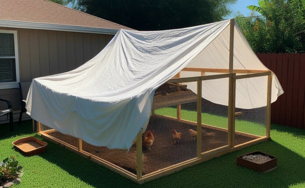 A large white tarp covering a backyard chicken coop - Chickenmethod.com