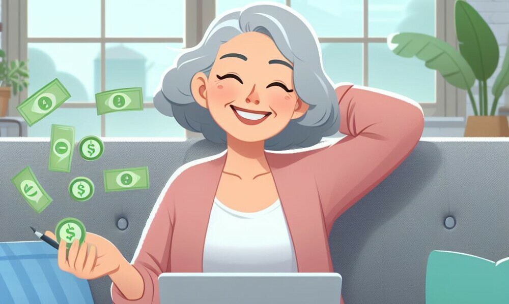 A happy retiree using her laptop to create an income in retirement.