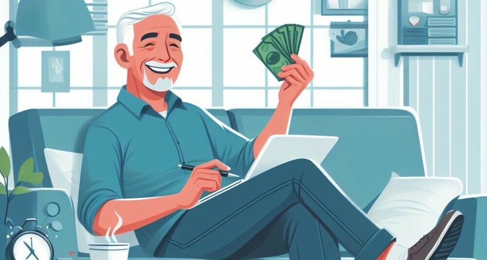 An illustration of a happy relaxed retired person sitting on their sofa creating a source of income based on their schedule and from the comfort of their home.