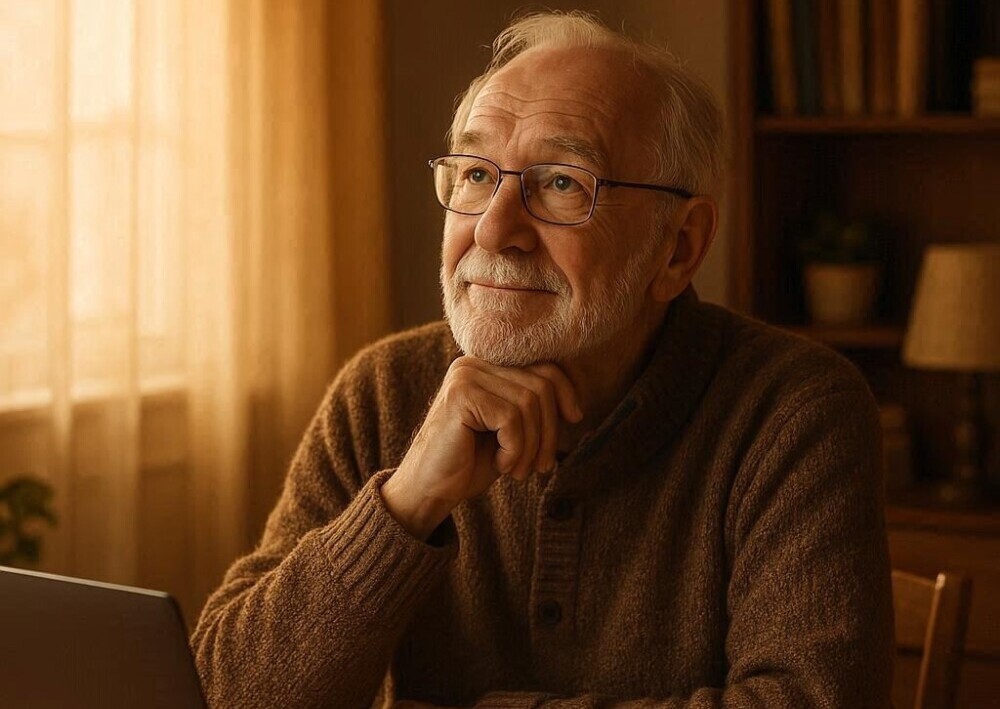 “A senior adult sitting at a home desk with a laptop, looking thoughtful but hopeful, warm sunlight in background, cozy atmosphere.”