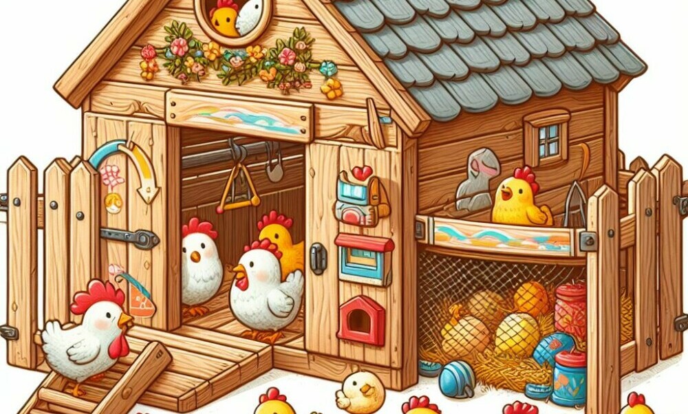 A chicken coop with chickens and toys for the chickens in it - Chickenmethod.com