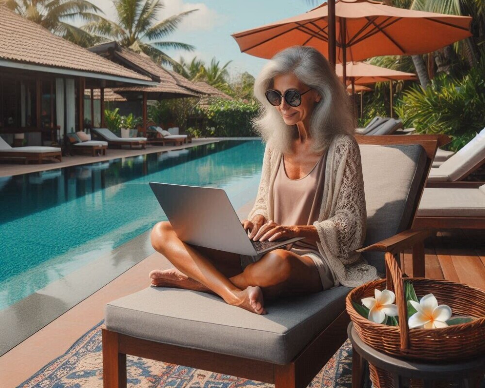 A retired freelance blogger sitting under a large shade-umbrella with her laptop while poolside in a tropical setting