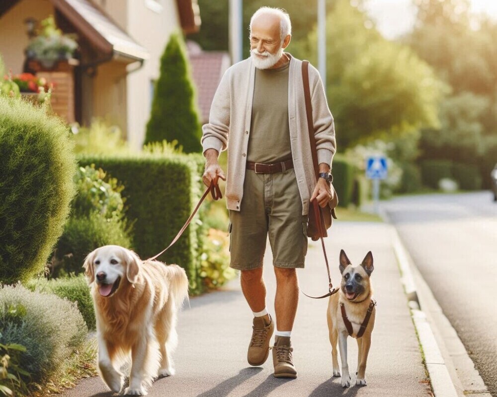 A photo of a retired person dog-walking for a client on a pleasant street on a beautiful day