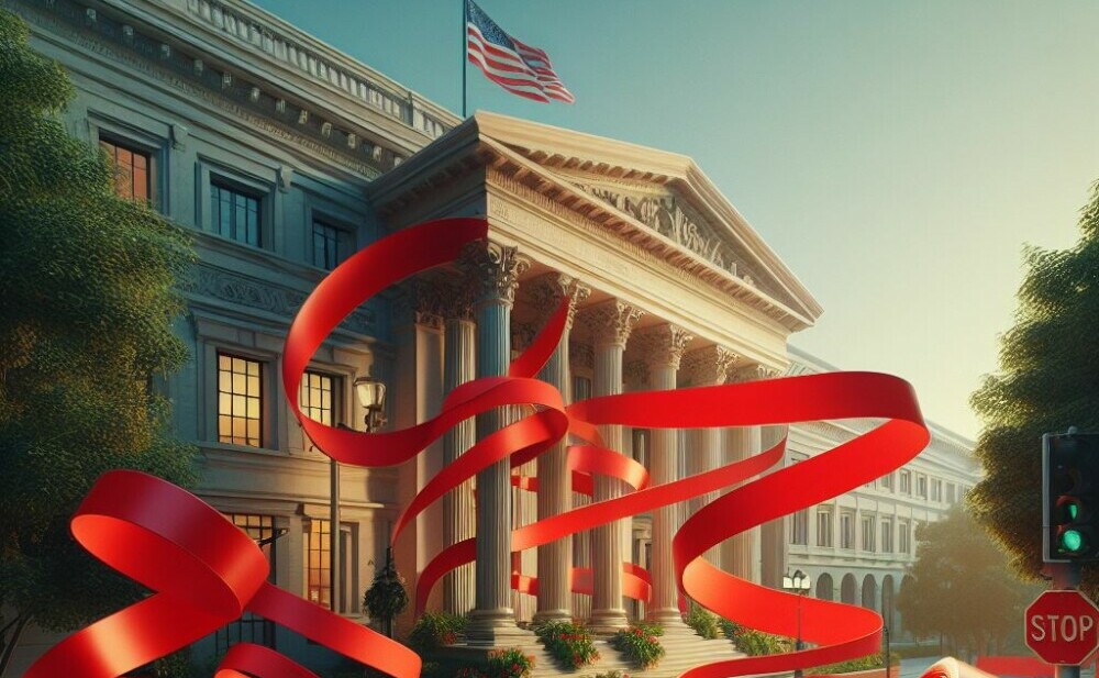 Red tape swirling gently around city hall - Chickenmethod.com