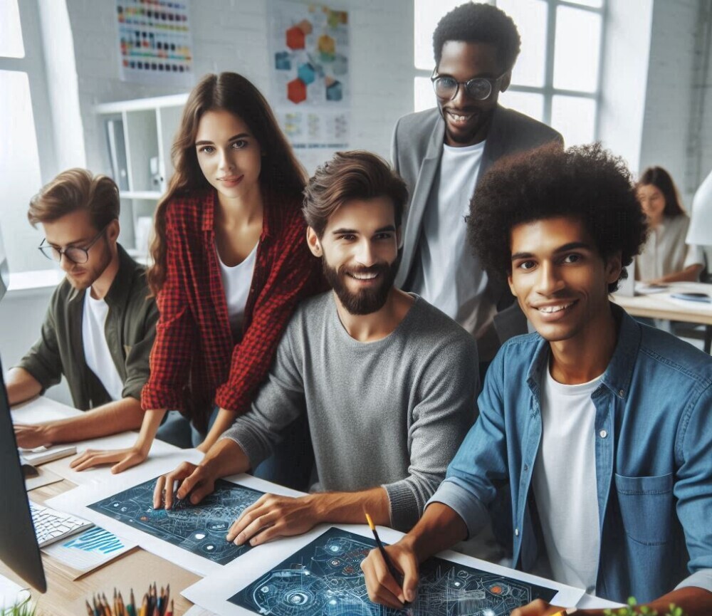 A group of digital art and design artists working on projects in an office.