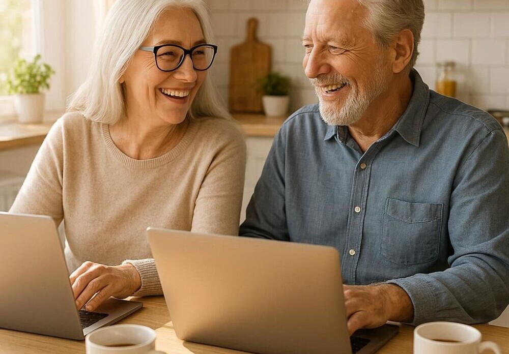 Smiling senior couple at home, working on laptops together at a kitchen table with coffee, bright morning sunlight, casual and relaxed vibe
