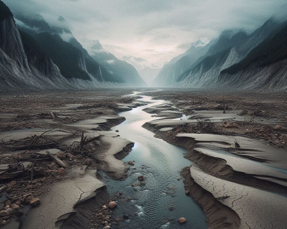 A riverbed with only a fraction of what it once had in terms of water volume.