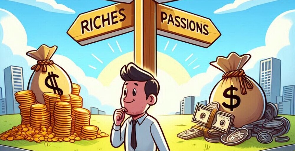 Avoiding Common Mistakes When Choosing A Niche 3 A cartoon man standing at a fork in the road. On one road there are riches. On the other are his passions.