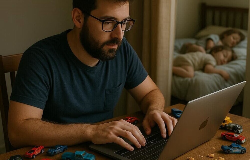 A stay-at-home dad on his computer is surrounded mainly by hot wheels cars and trucks and snack crumbs as his children nap comfortably in the next room. 