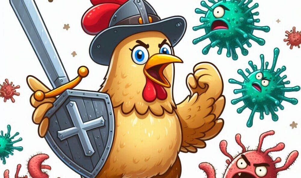 A hen fighting off a fungal infection with a sword and a shield like a medieval knight