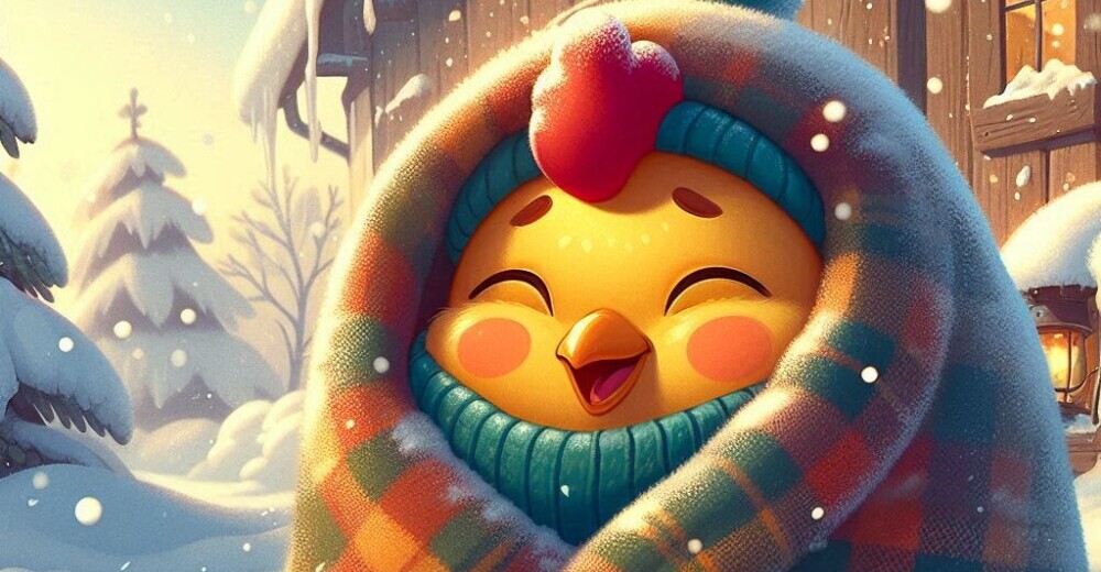 a smiling chicken huddling in a warm blanket on a freezing winter day