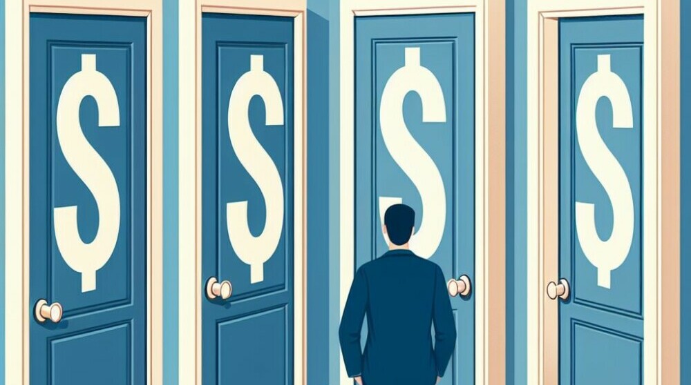 A man in a suit deciding which door with a dollar sign on it to go through.