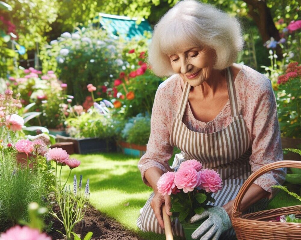 A photo of a retired lady working as gardener in a beautiful flower garden on a nice day