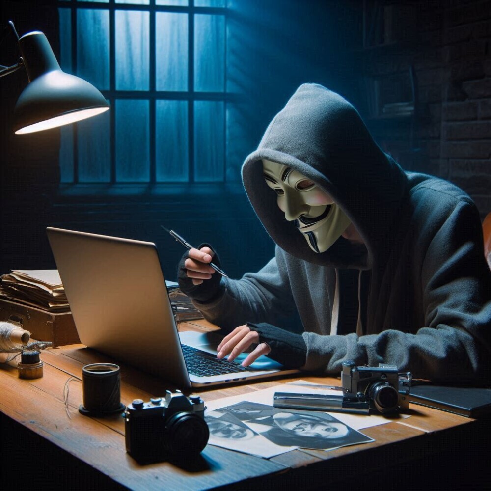 An anonymous blogger without a mask crafting his blog in a secret room in dim light.