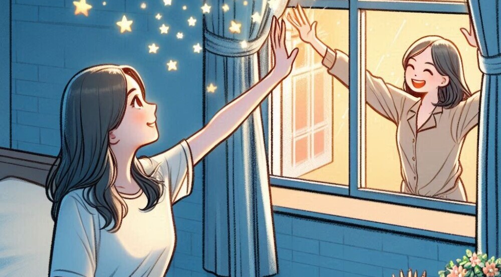 A window peeking into the joyful inner desires of what a person wants to do with their life depicted by a person looking out of the window at their happy dreams.