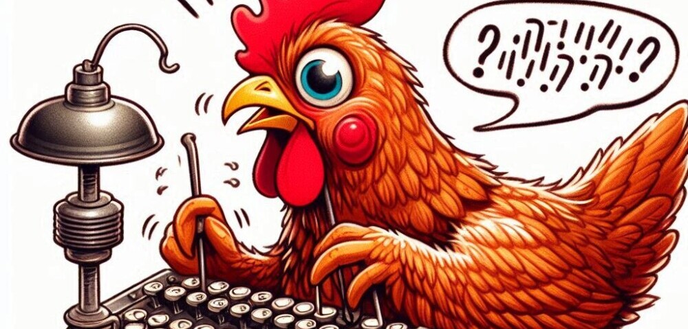  An illustration of a chicken tapping out morse code on an old-timey Morse device