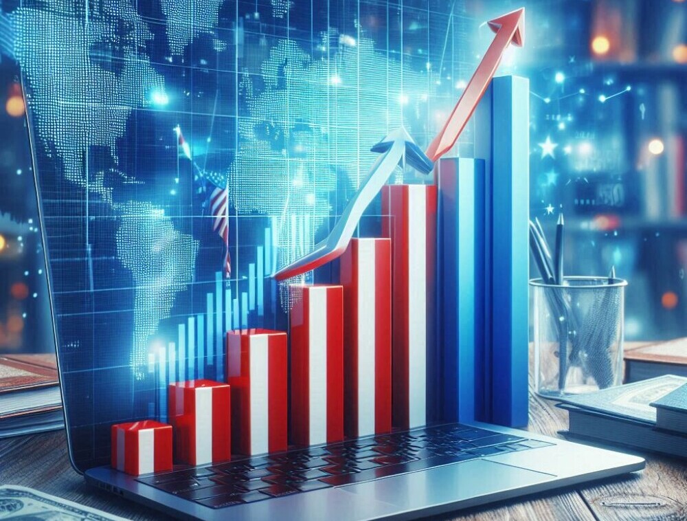 A bar graph showing an upward trend using the colors red white and blue.