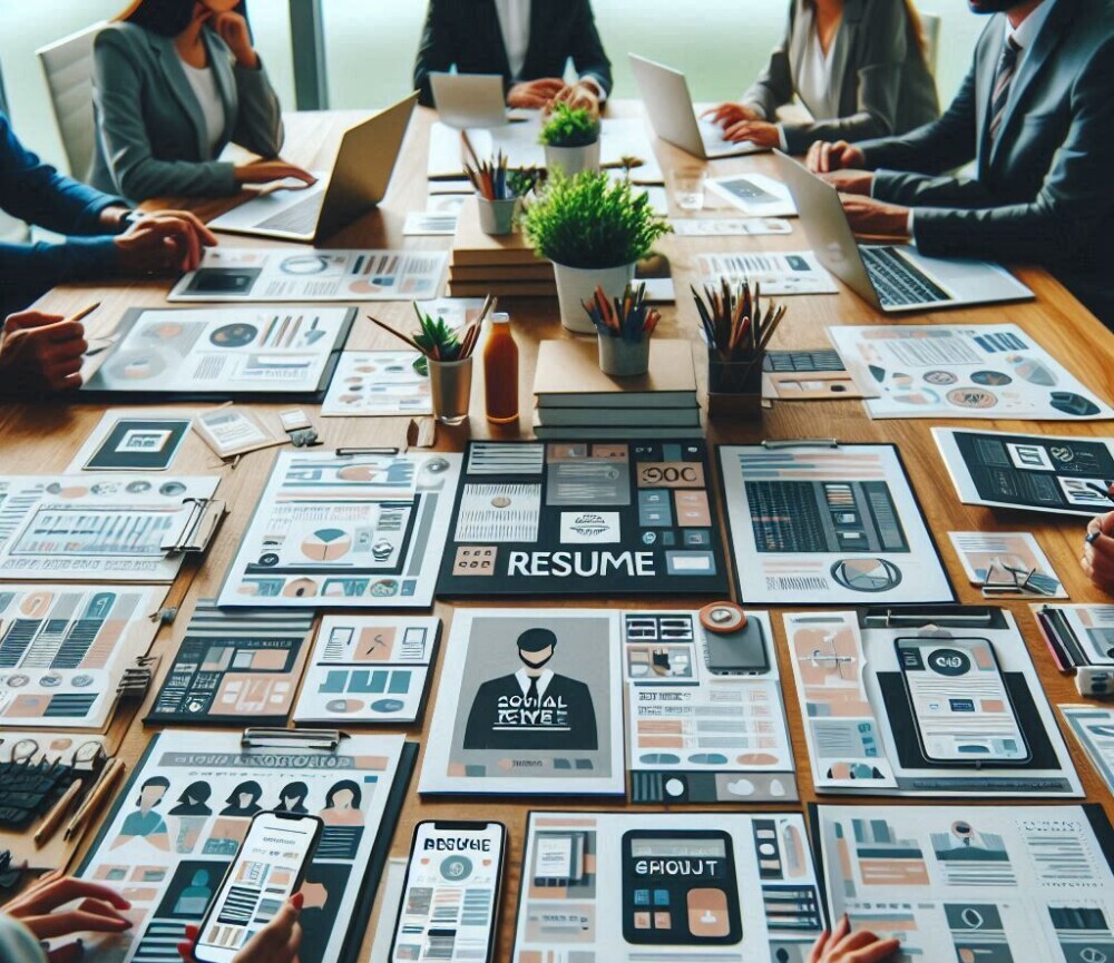 Productivity tools like resume templates, planners, and social media templates scattered about on a conference room table in a professional office with several online digital product creators looking through them.