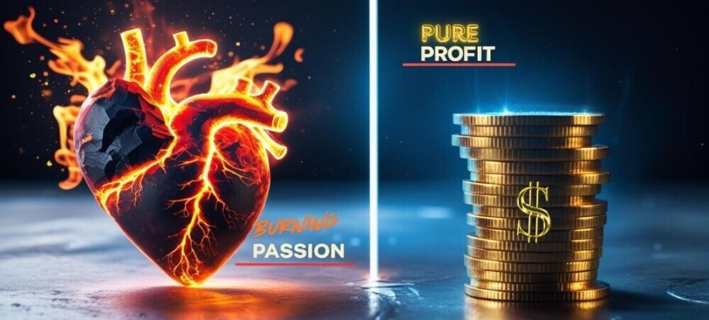 Balancing Passion And Profit In Your Niche Choice 2 Passion represented by a heart on fire and profit represented by a stack of gold coins.