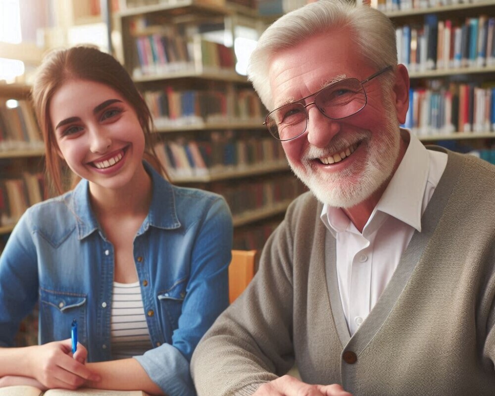 A photo of a retired teacher/tutor happily helping a student at a local library