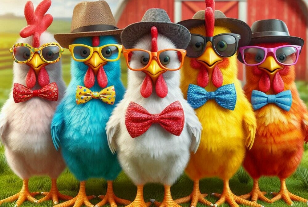 Silly chickens wearing colorful glasses, bowties, and hats.