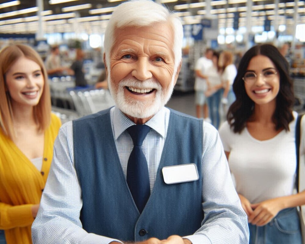 A photo of a retired person working as a greeter at a large retail store and happily engaging people as they enter the store.