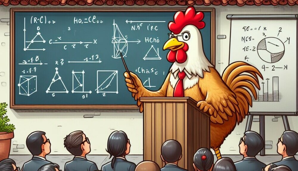 A chicken giving a lesson to an audience of people - Chickenmethod.com