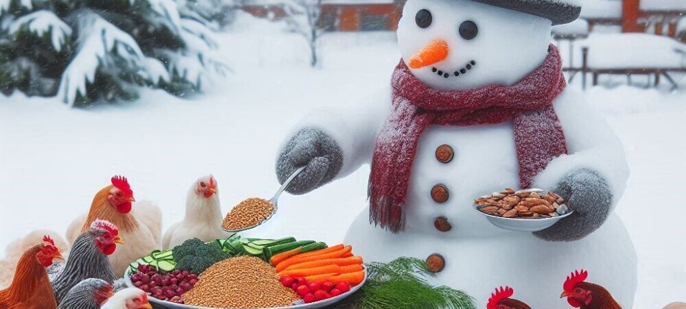A snowman waiter feeding a plate of various vegetables and grains to a flock of chickens.